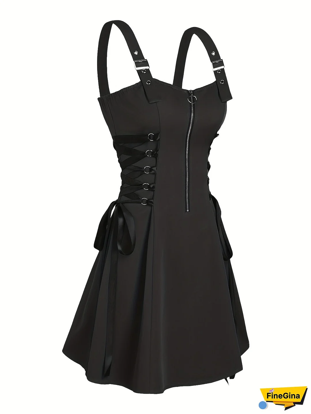 [Casual Dress] Black Sleeveless A-Line Dress | Women's Casual Mini Dress With Front Zipper & Adjustable Straps - Polyester Fabric For All Seasons