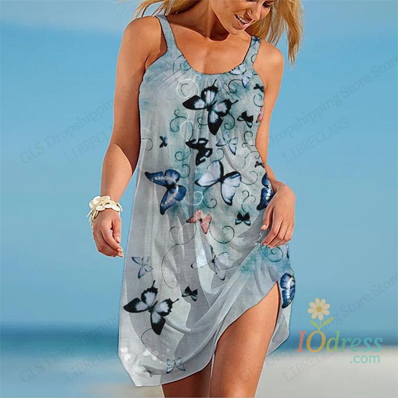 IO Dress Women Dress Strap Beach Elegant Summer Sleeveless Sexy Bohemian Floral Print Dress Party Evening Dresses Vintage Style Sundress IO Dress