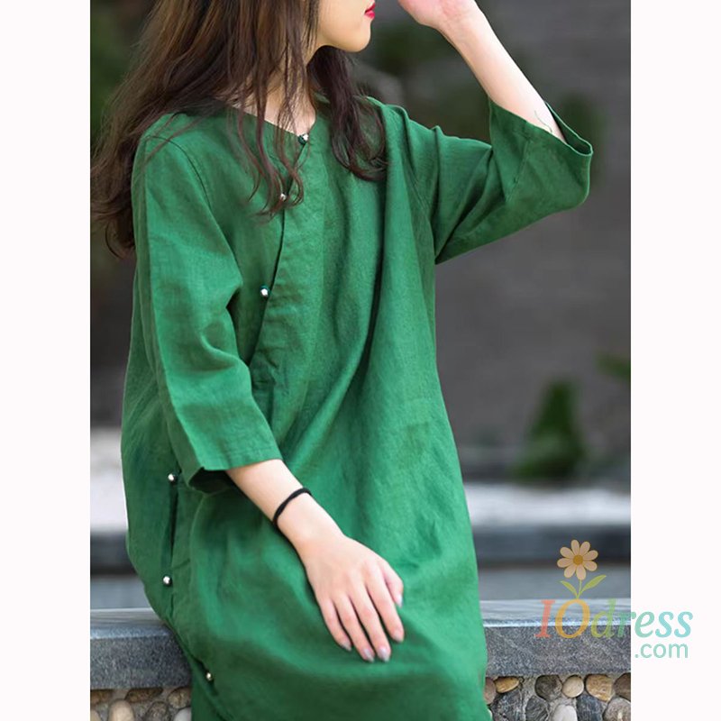 IO Dress Spring Autumn New Chinese Style Improved Qipao Women Long Dress Vintage Green Cotton Linen Loose Dresses Good Quality TJ56