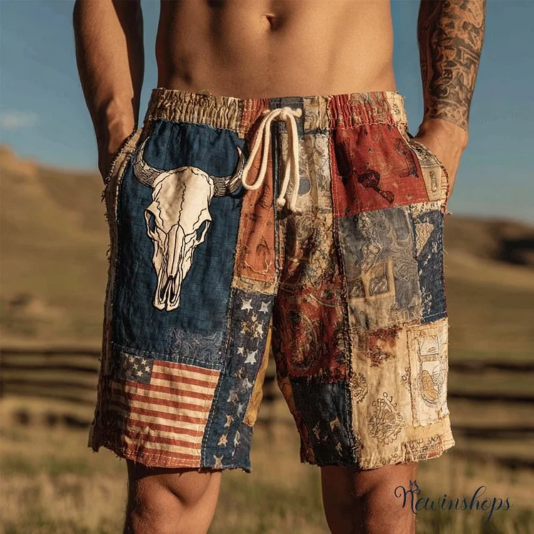 Men's Bull Skull Embroidered Vintage Patchwork Linen Shorts