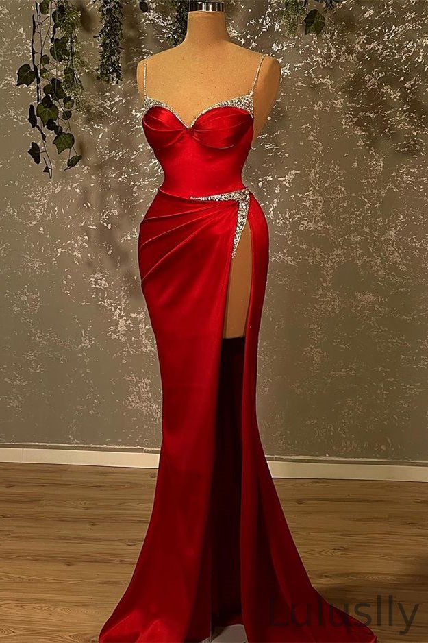 Luluslly Burgundy Spaghetti-Straps Mermaid Evening Dress Split With Beads