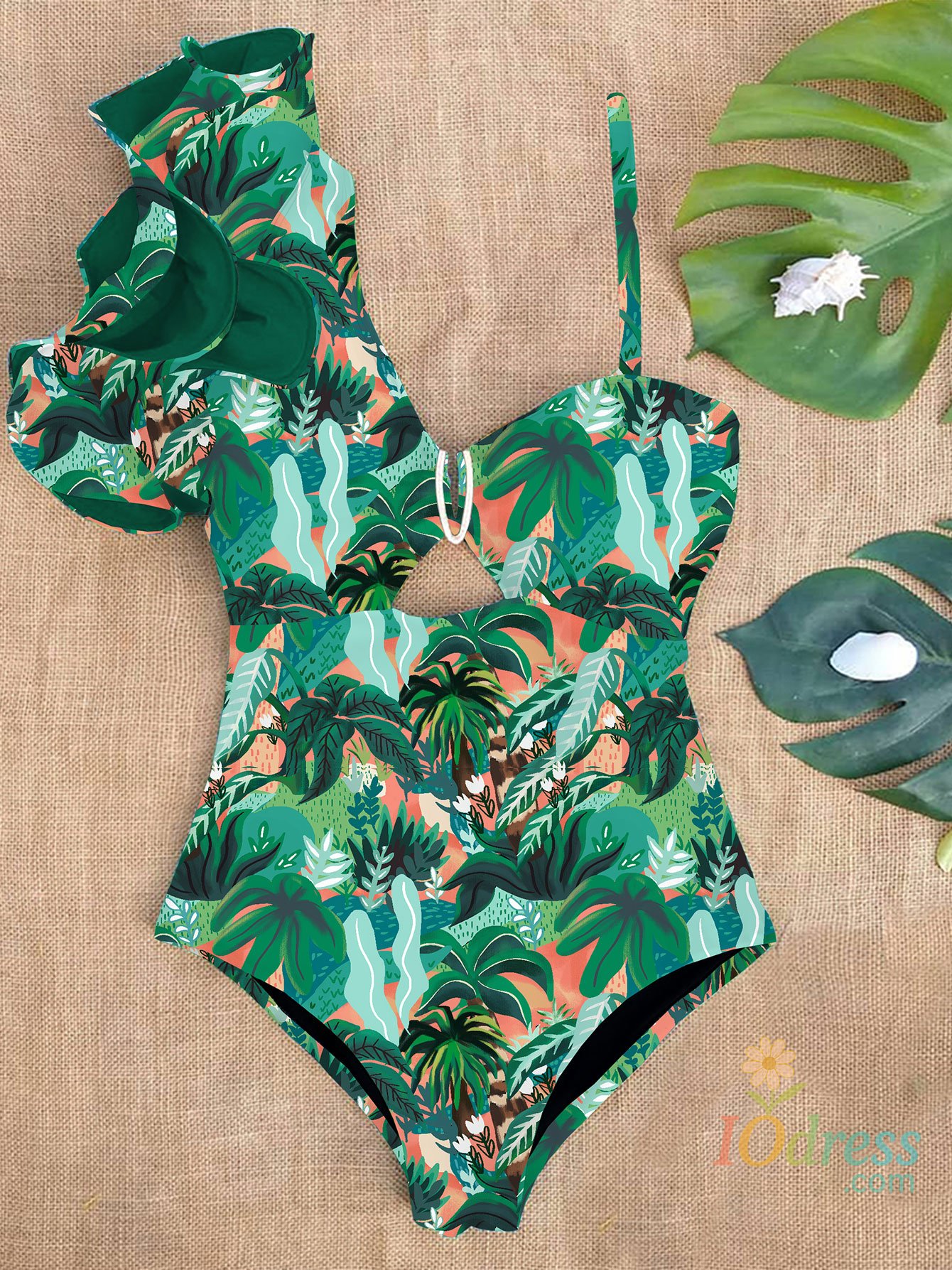 IO Dress Sexy Shoulder Ruffle Women One Piece Swimsuit Solid  Female Swimwear Backless Padded Beach Bathing Suit 2024 Summer Beachwear