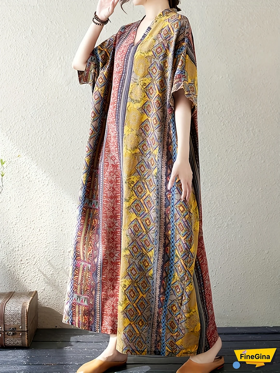 Bohemian Plus Size Kaftan Dress - Vibrant Geometric Print, Half Sleeve, Maxi Length with Pockets, Machine Washable, Women's Casual Spring/Summer/Fall Wear, Casual Spring Wear | Colorful Kaftan | Flowing Garment, Bohemian Dress