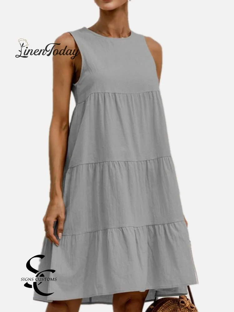 Cotton and Linen Sleeveless Crewneck Dress