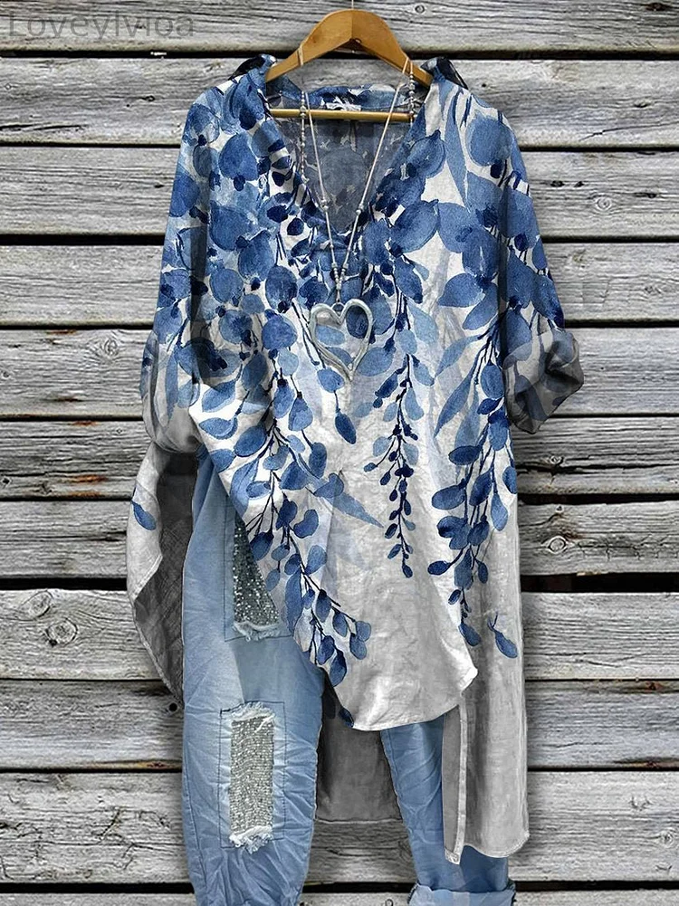 Women's Blue Flower Print Casual Cotton And Linen Shirtdress