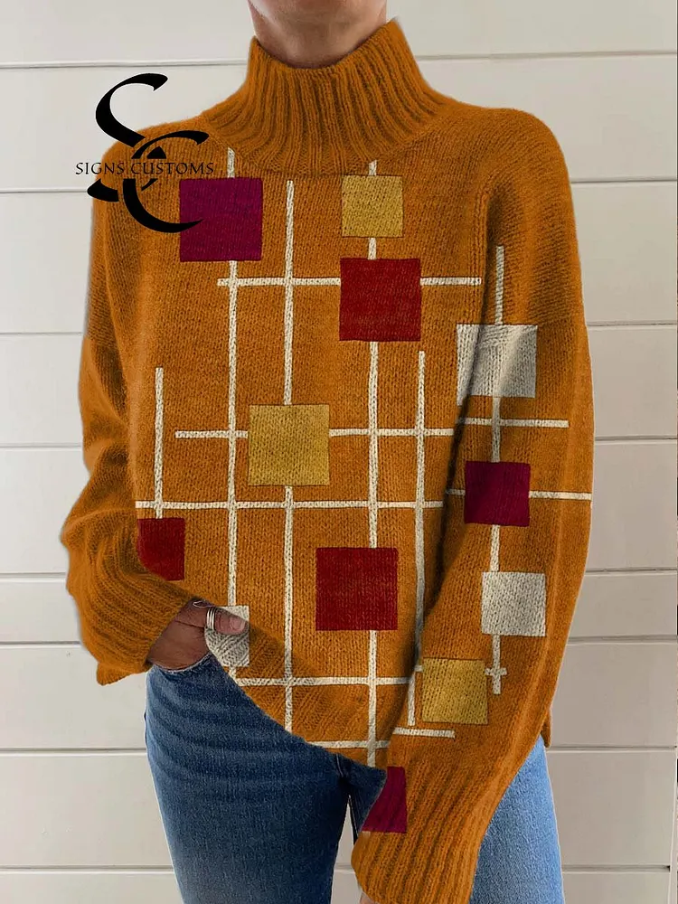 Women's Abstract Geometric Pattern Art Print Knit Turtleneck Pullover Sweater