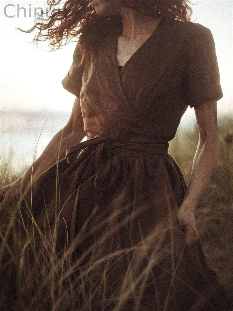 Vintage Flowy Wide Skirt Maxi Wrap Dress