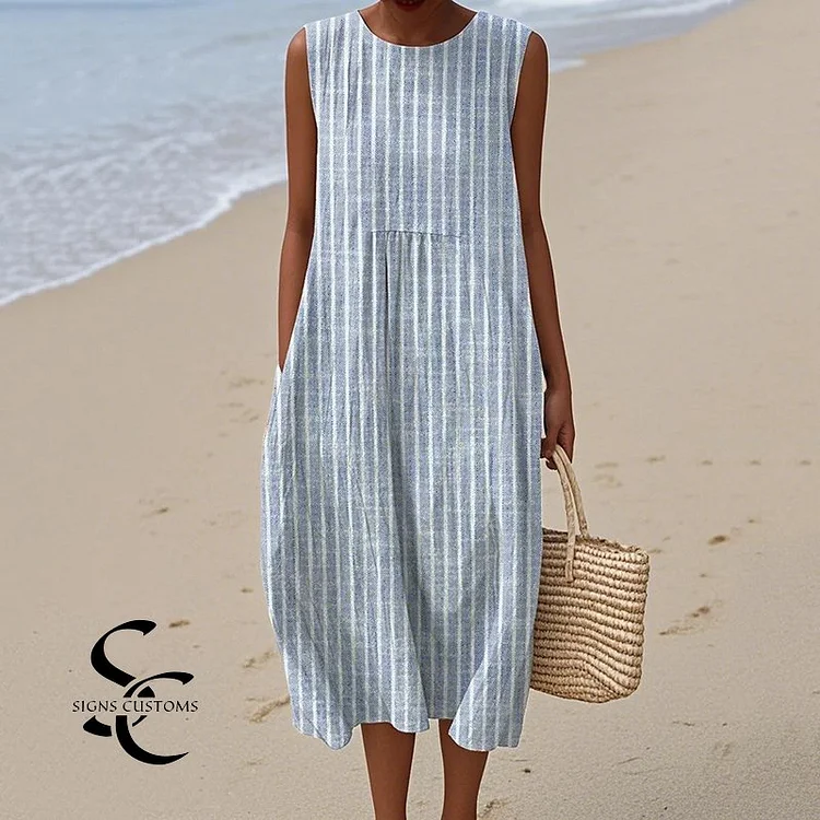 Women's  Vintage Abstract Geometric Art Print Sleeveless Cotton Pocket Wrap Dress