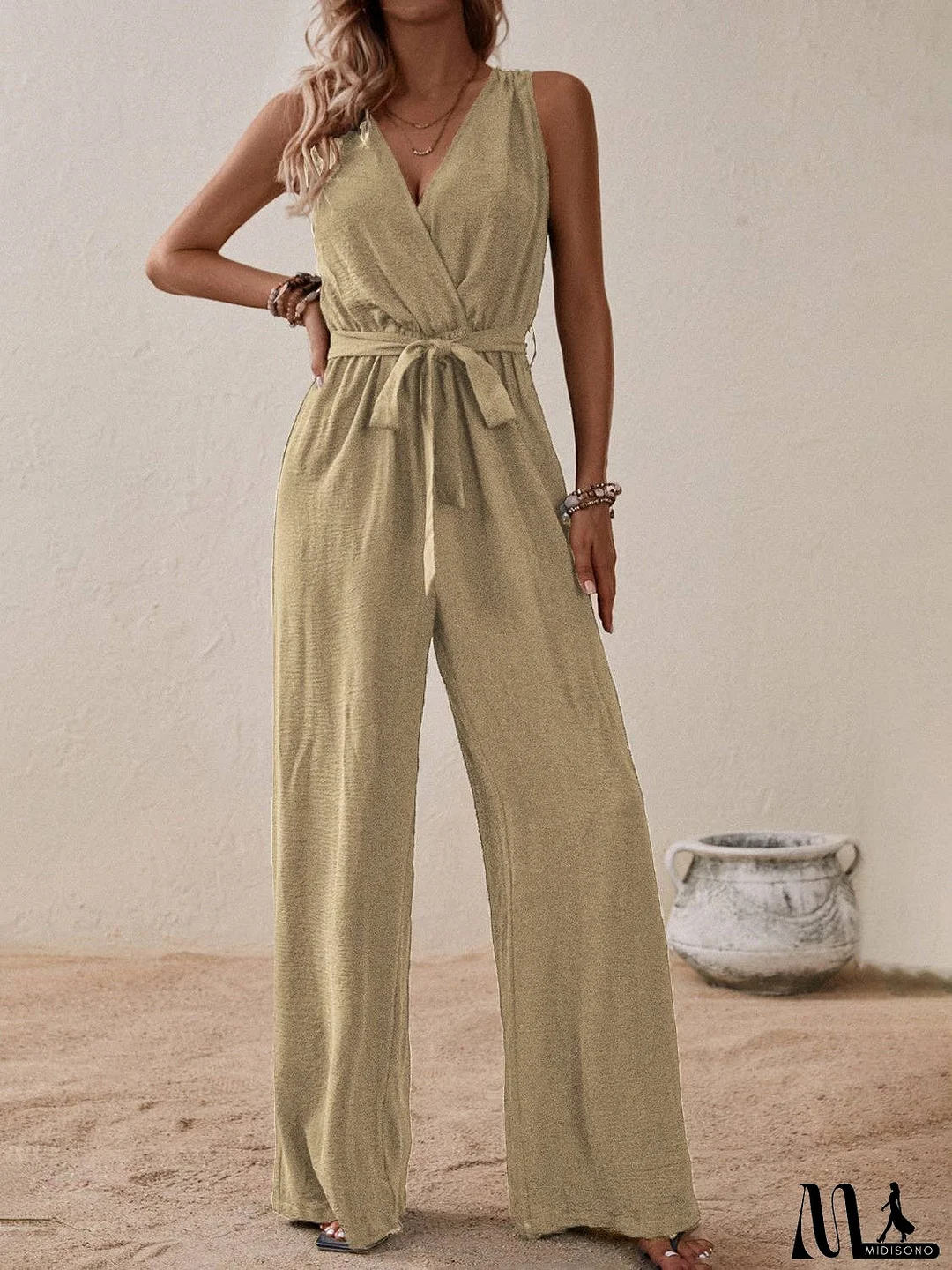 Tied Surplice Sleeveless Wide Leg Jumpsuit