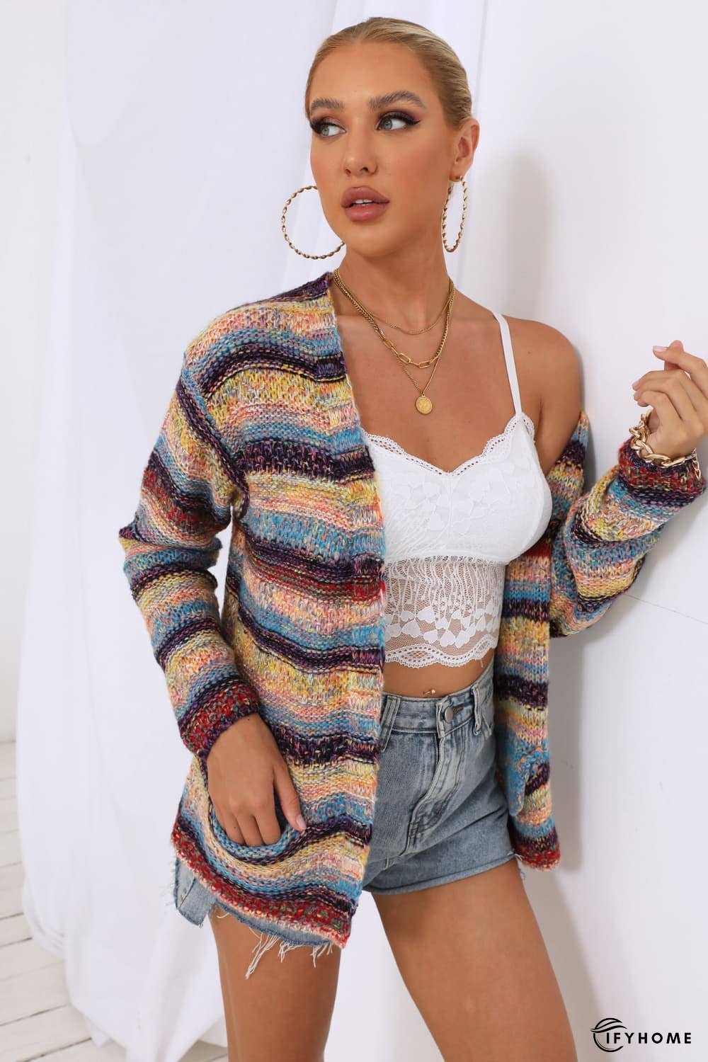 Striped Long Sleeve Open Front Cardigan | IFYHOME