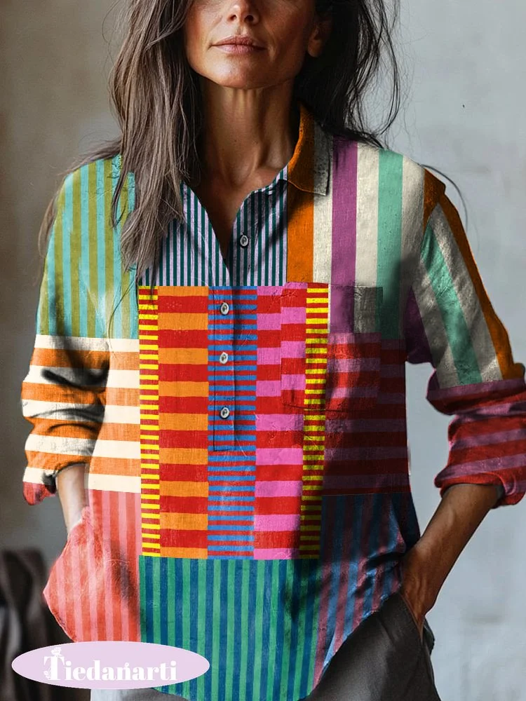 Women's Geometric Abstract Art Print Casual Cotton and Linen Shirt