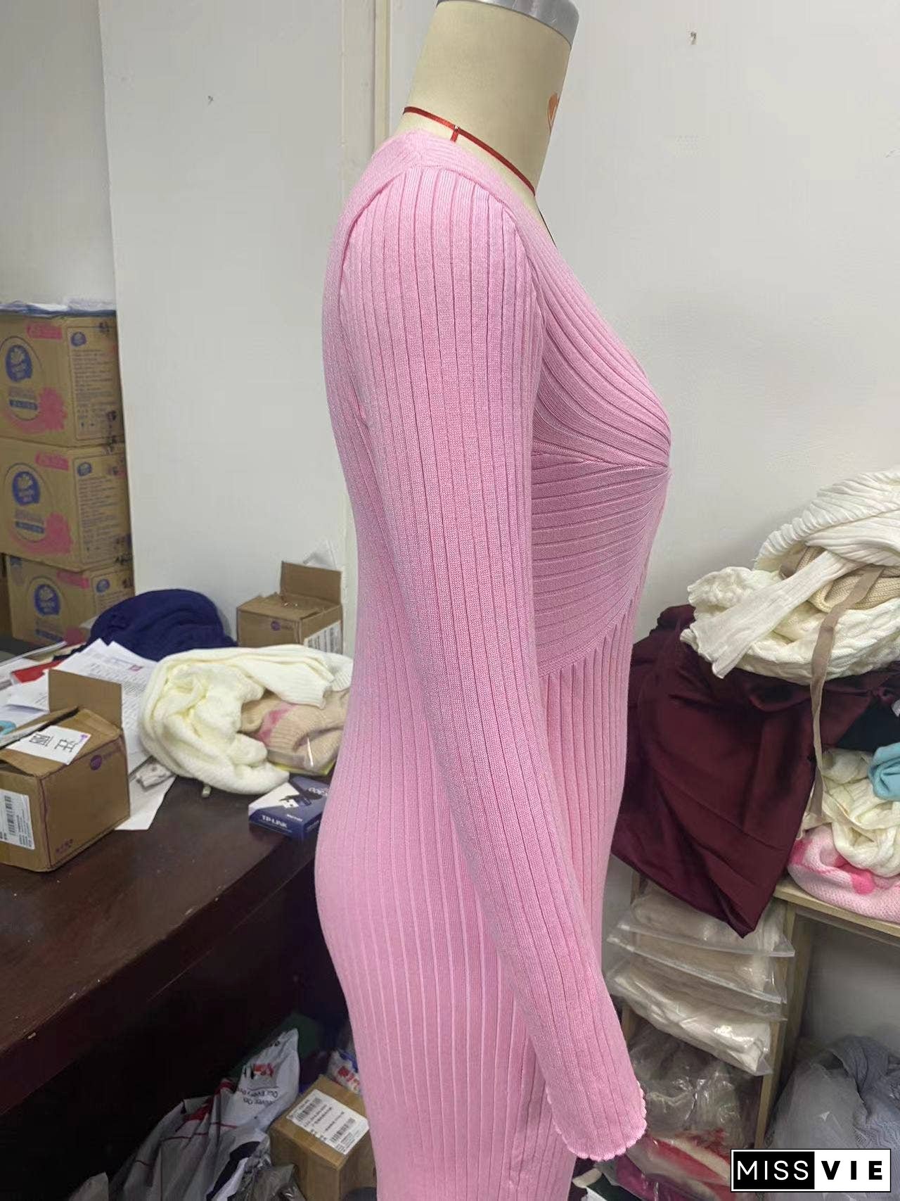 Sexy Spice Long Sleeve Twist Pleated Long Dress