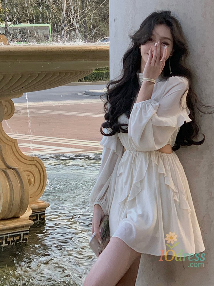 IO Dress Beach Style Chiffon Y2k Mini Dress Office Lady Casual Long Sleeve Elegant One Piece Dress Korean Fashion Clothing Summer 2023