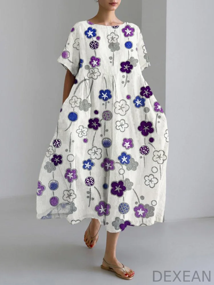 Watercolor Green Leaves Pattern Linen Blend Maxi Dress
