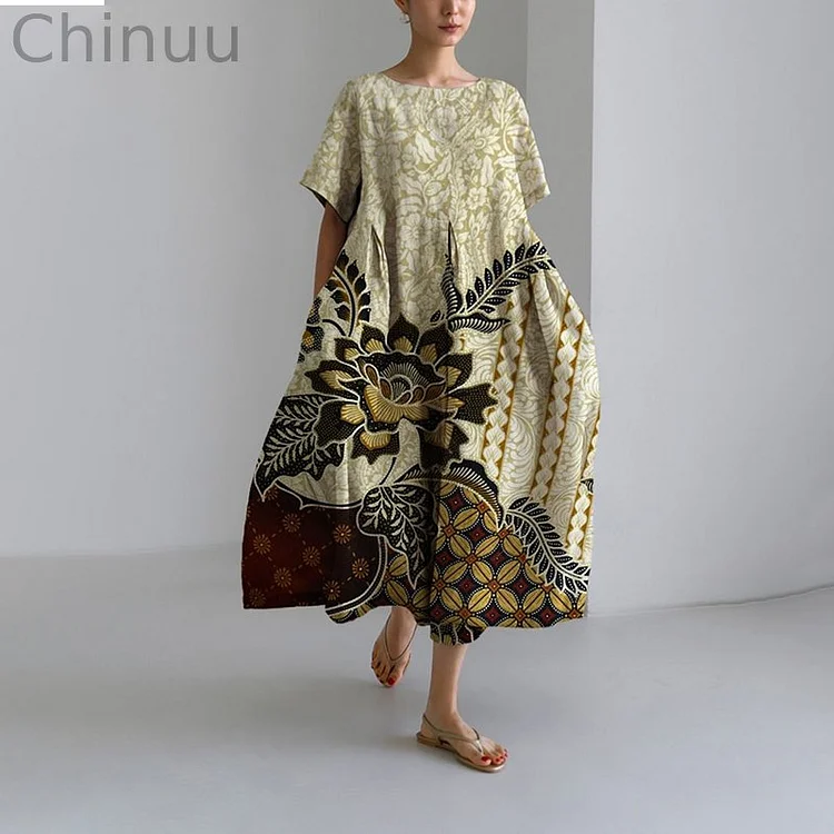 Vintage Floral Print Round Neck Short Sleeve Midi Dress
