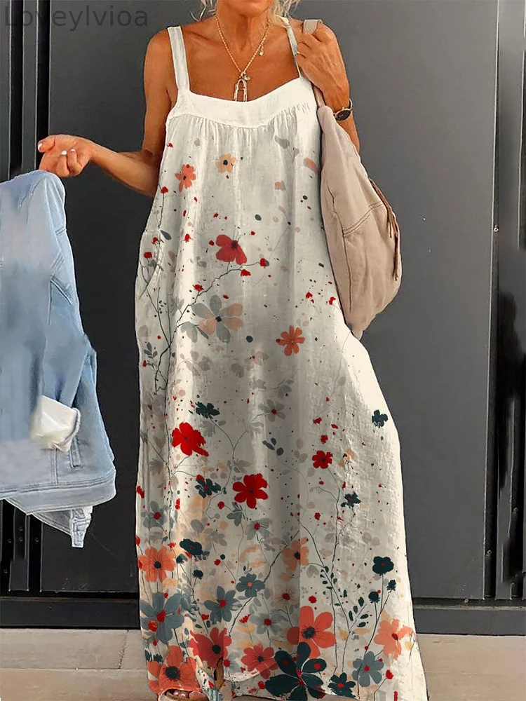 Women's Floral Splicing Art Print Large Size Loose Strap Print Dress Long Skirt