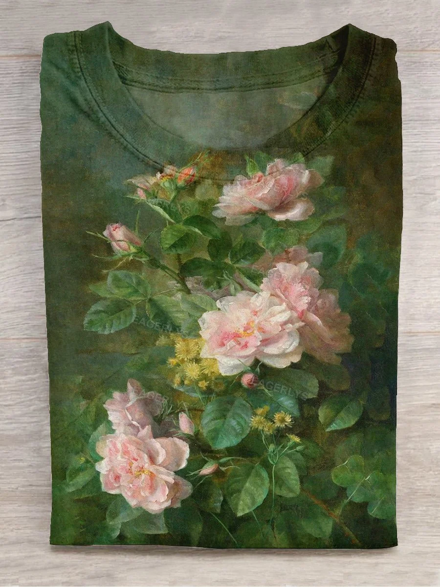 Eagerlys Unisex Floral Art Print Crew Neck Short Sleeve T-Shirt Eagerlys