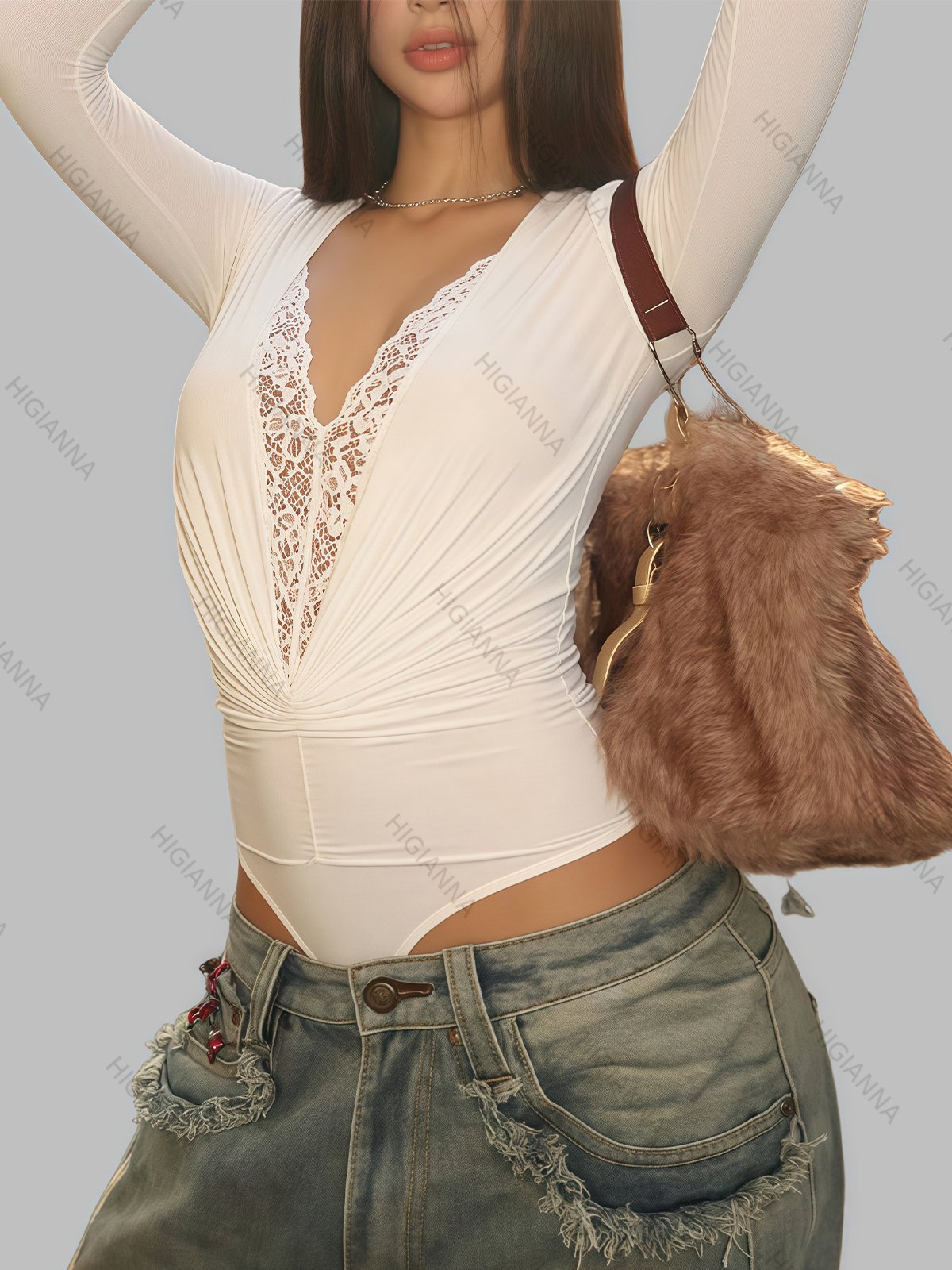 Lace-Trim Deep V-Neck Long Sleeve Bodysuit - HIGIANNA&reg;
