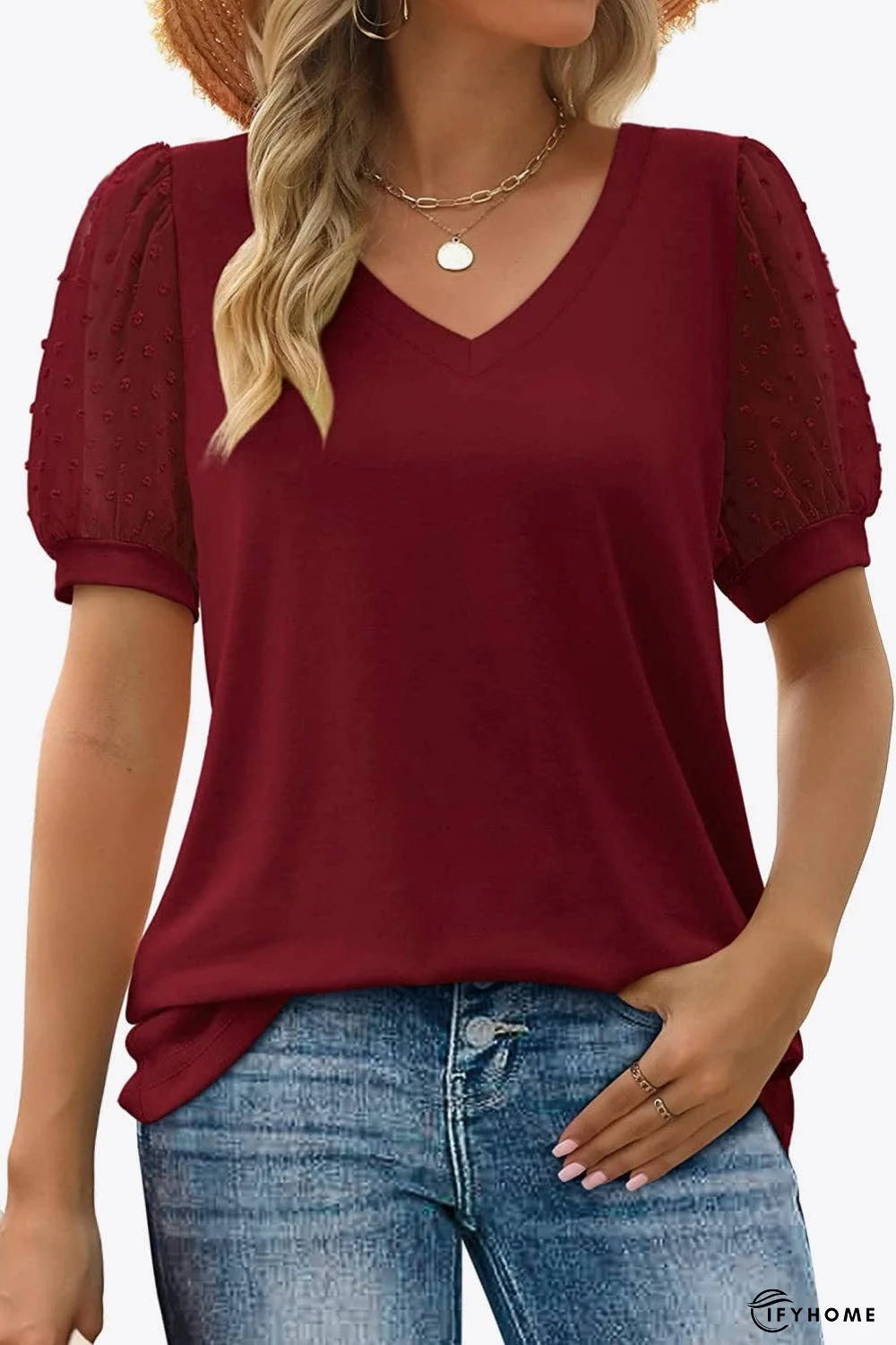 Swiss Dot Puff Sleeve V-Neck Tee | IFYHOME