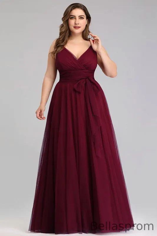 open lace back dress Chic Plus Size Prom Dresses V-neck Satin Burgundy Long Sleeve Prom Dre –  Anna PromDress main image 1