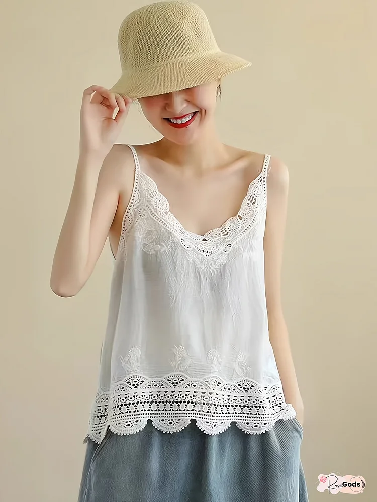 [Elegant Camisole] Elegant Lace Women's Camisole Top | Semi-Sheer Round Neck Sleeveless Shirt, Breathable Regular Fit for Layering & Casual Wear, All-Season Versatile Blouse, Lightweight Clothing, Delicate Embroidery, Floral Embroidery