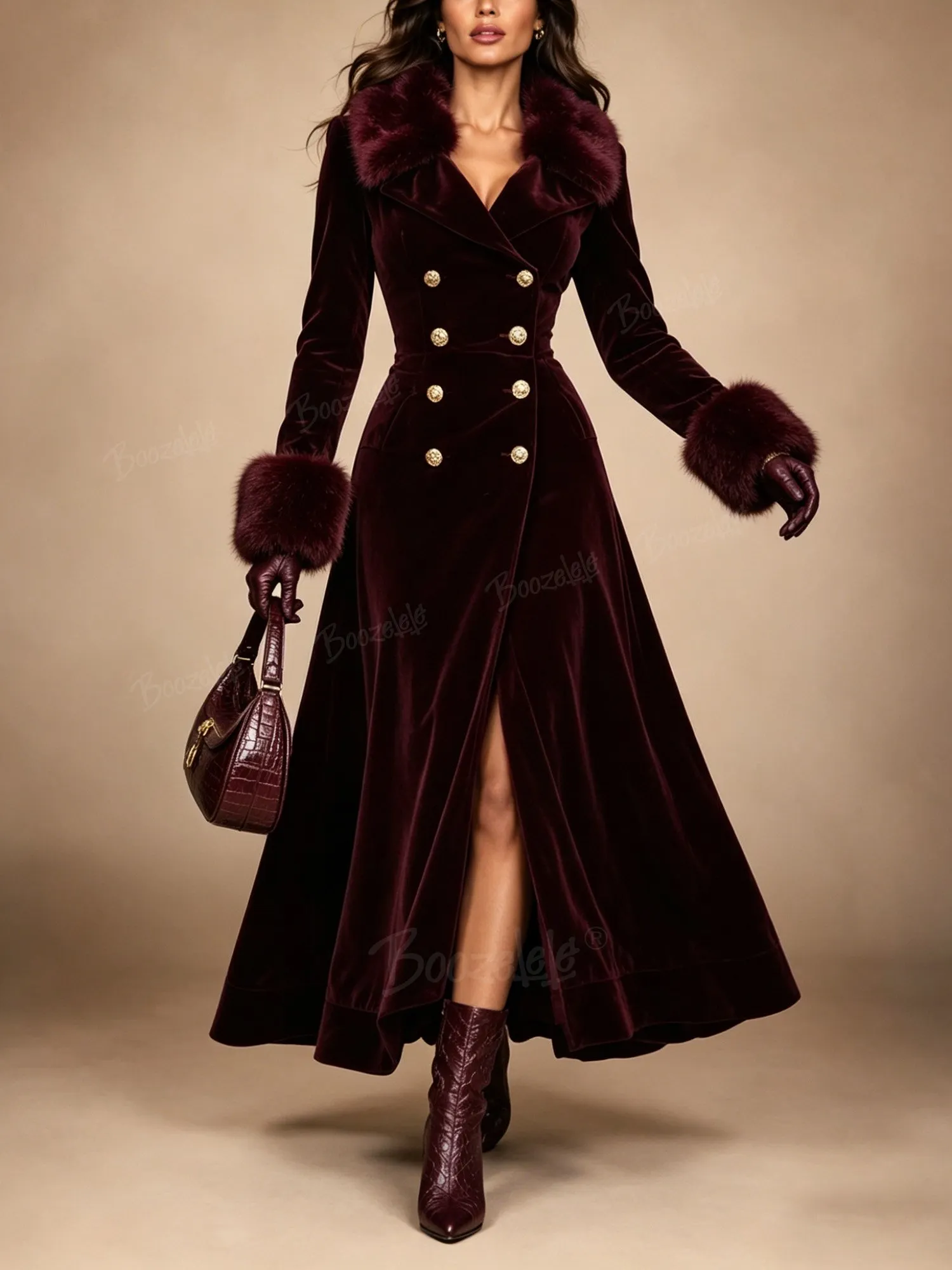 Perfect for a Cozy Cabin Luxury Getaway &mdash; Wine Red Corset-Waist Statement Button Breathable Velour Women's Long Coat