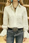 Elegant Textured Flower Bell Sleeve Button Up Blouse