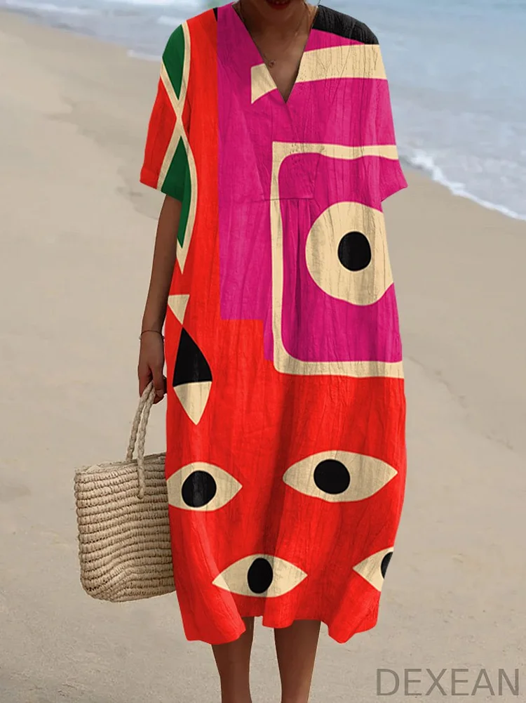 Abstract Painterly V-neck Resort Dress