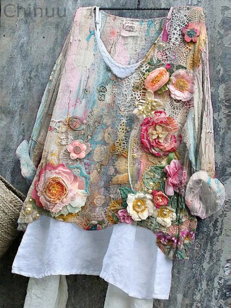 Vintage Floral Lace Stitching Linen Blend V-Neck Shirt