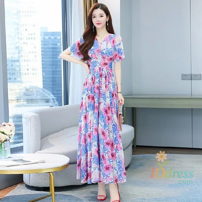 IO Dress Elegant Slimming Long Dress Printing Fragrant Flowers Summer New Plus Size Mother's Attire Fashionable Waist-Fitted Big Splash IO Dress