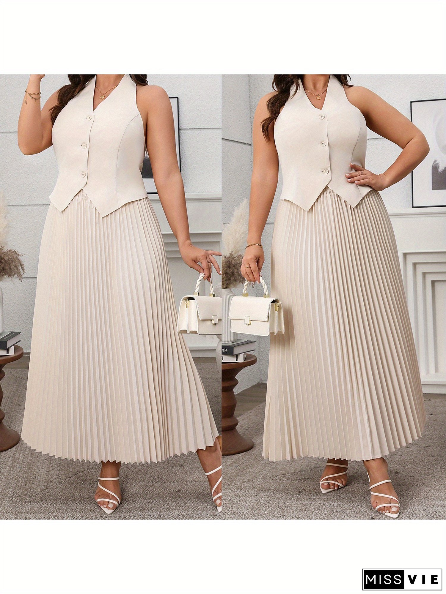 Women Summer Plus Size Outfits Solid Color V-Neck Button Halter Vest And Pleated Skirt Set For Streetwear