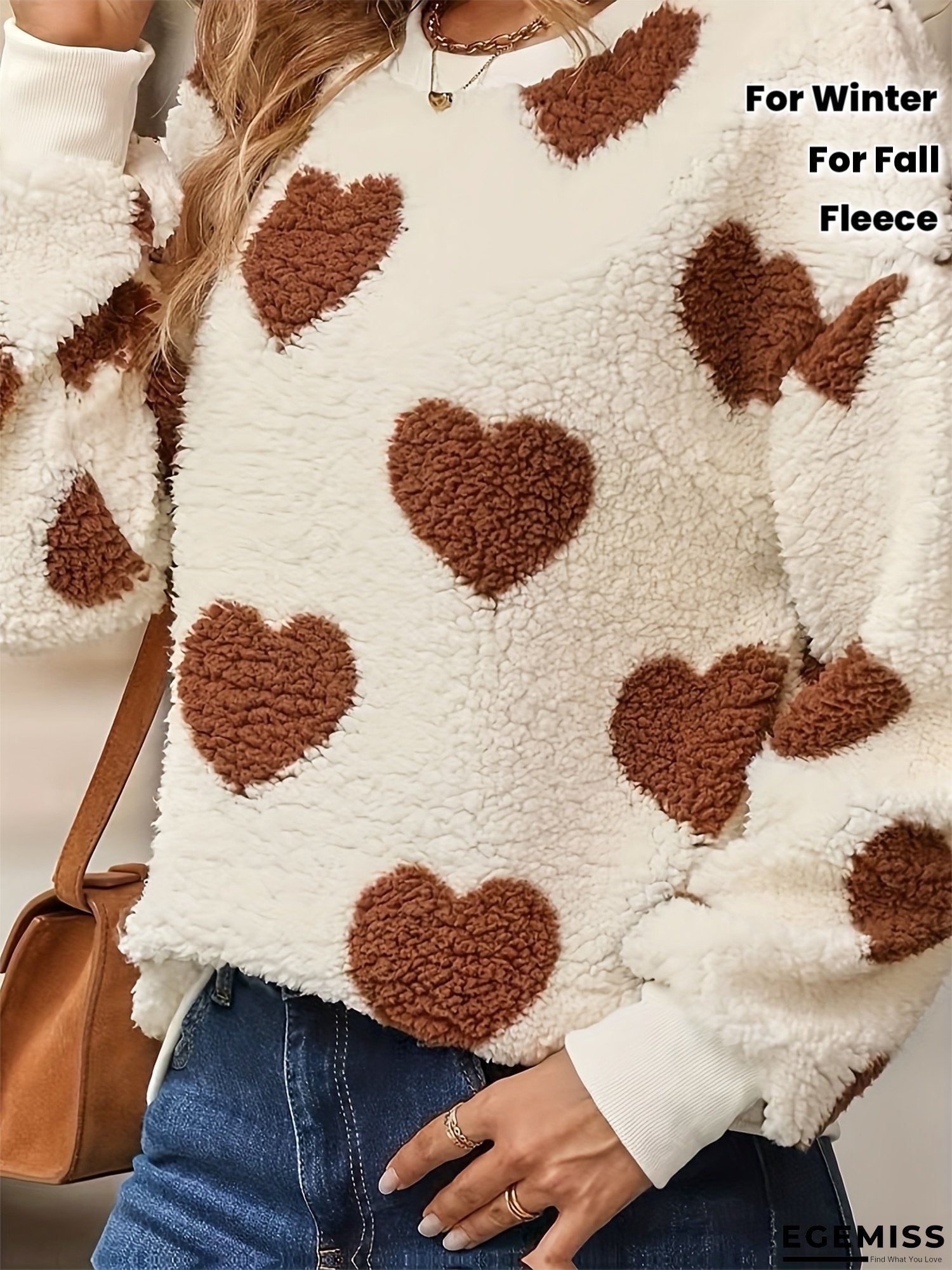 Women&lsquo;s Cozy Fleece Sweatshirt with Heart Print - Long Sleeve, Crew Neck, White with Brown Hearts, Casual Fall/Winter Pullover, Casual Winter Wear | Cozy Fleece Material | Plush Texture | EGEMISS