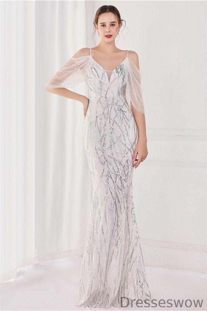 Dresseswow Off-the-Shoulder Mermaid Evening Gown Sequins V-Neck Spagetti Straps YE0071