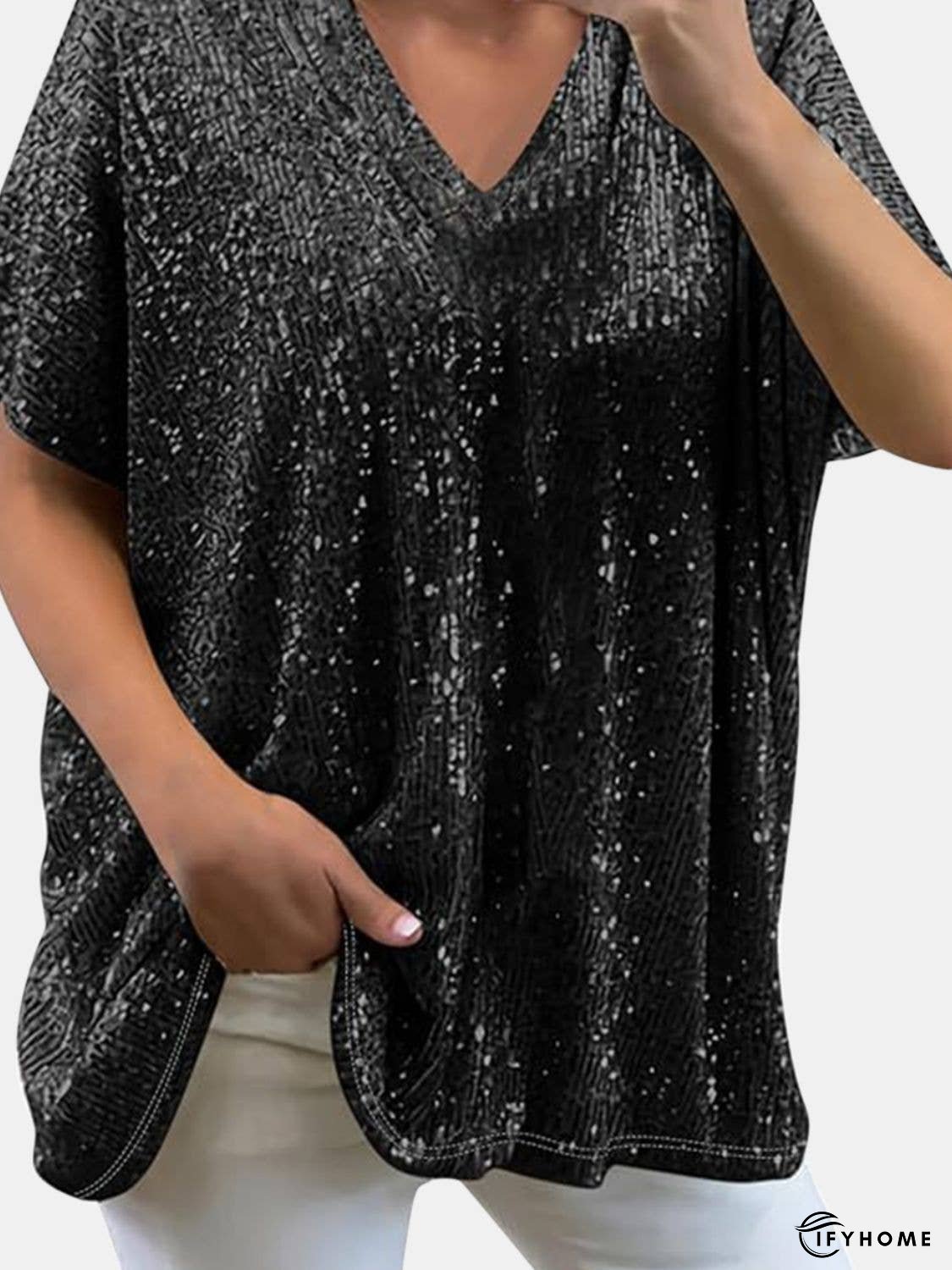 Full Size Sequin V-Neck Short Sleeve Top | IFYHOME