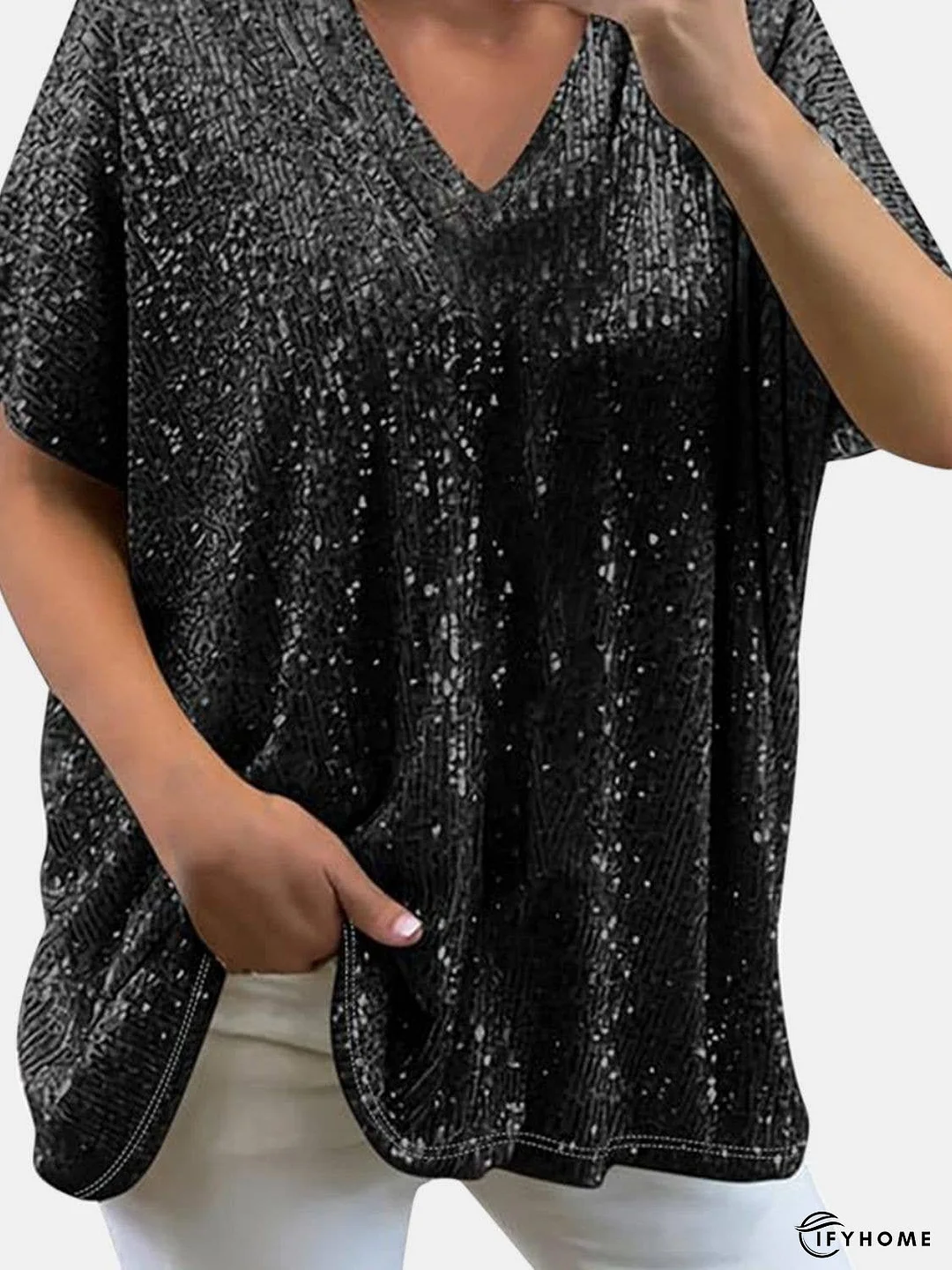 Full Size Sequin V-Neck Short Sleeve Top | IFYHOME
