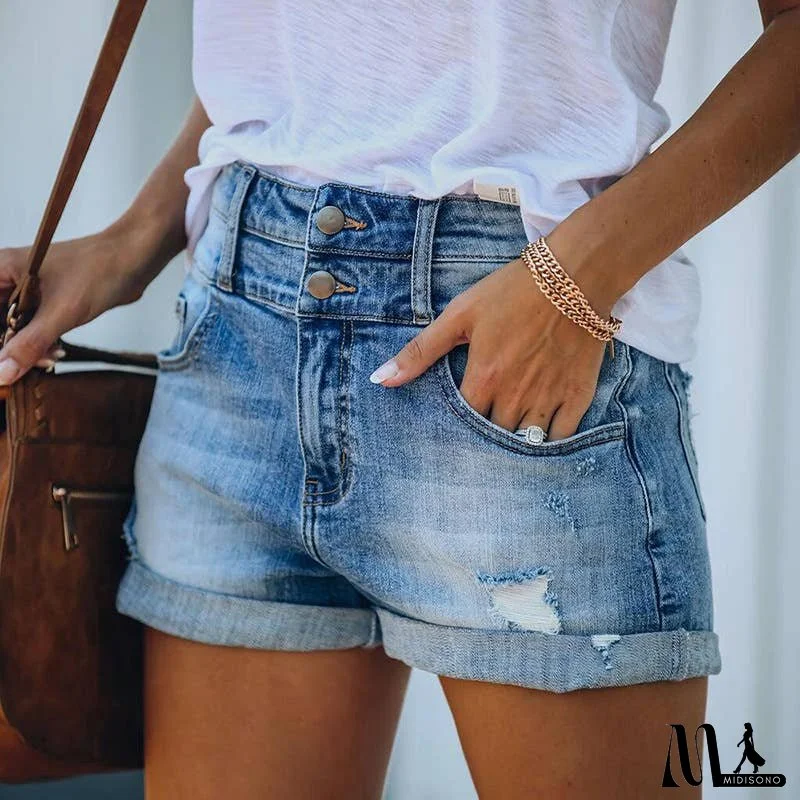 Women's Ripped Hem Elastic High Waist Denim Shorts