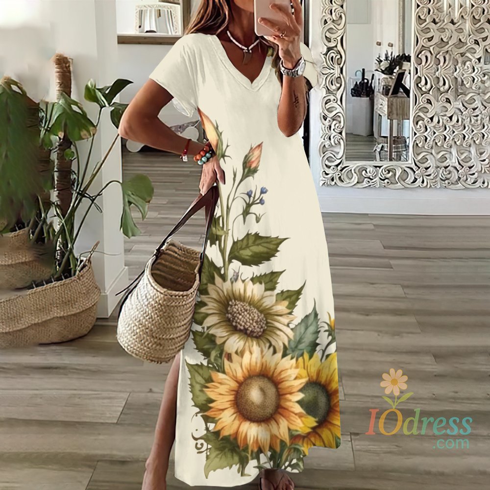 IO Dress Sunflower Print Floral Graphic Dresses For Women's Plus Size Elegant Midi Dresses Female Short Sleeve Dress  Women's Clothing