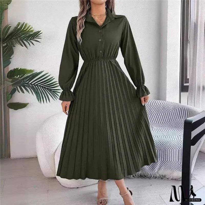 Solid Color Casual Lapel Long Sleeve Pleated Maxi Dress