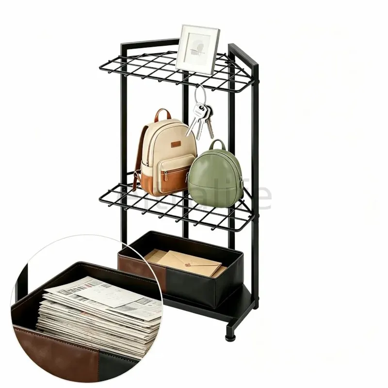 Corner Multi‑Purpose Storage Shelf with Hooks, 34‑Grid Tool Organizer Rack，Triangular Corner Storage Rack for Garden Long‑Handled Tools & Home Supplies eltralife