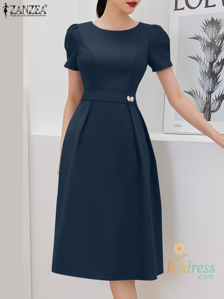 IO Dress Shop Office Women Dresses 2025 Fashion Summer Dress Elegant O Neck Short Sleeve Work Midi Vestido Stylish Solid Party Sundress IO Dress