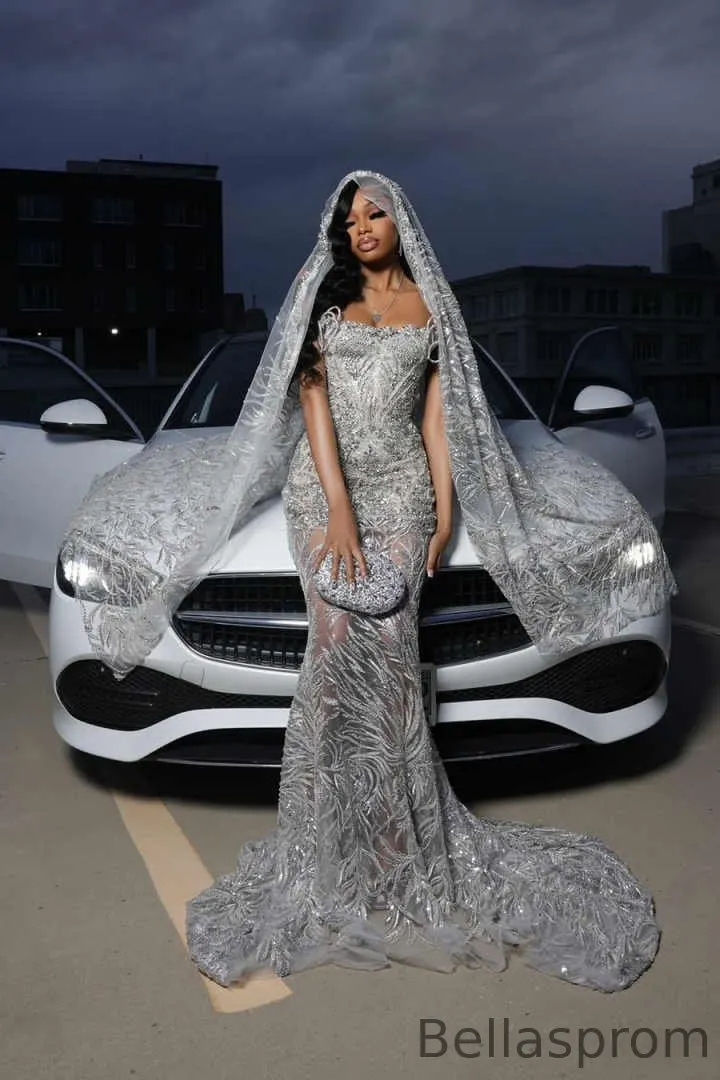 cheap grey prom dresses Bellasprom Silver Strapless Dress Mermaid Long With Sequins Beads With Scarf fabric-embellished