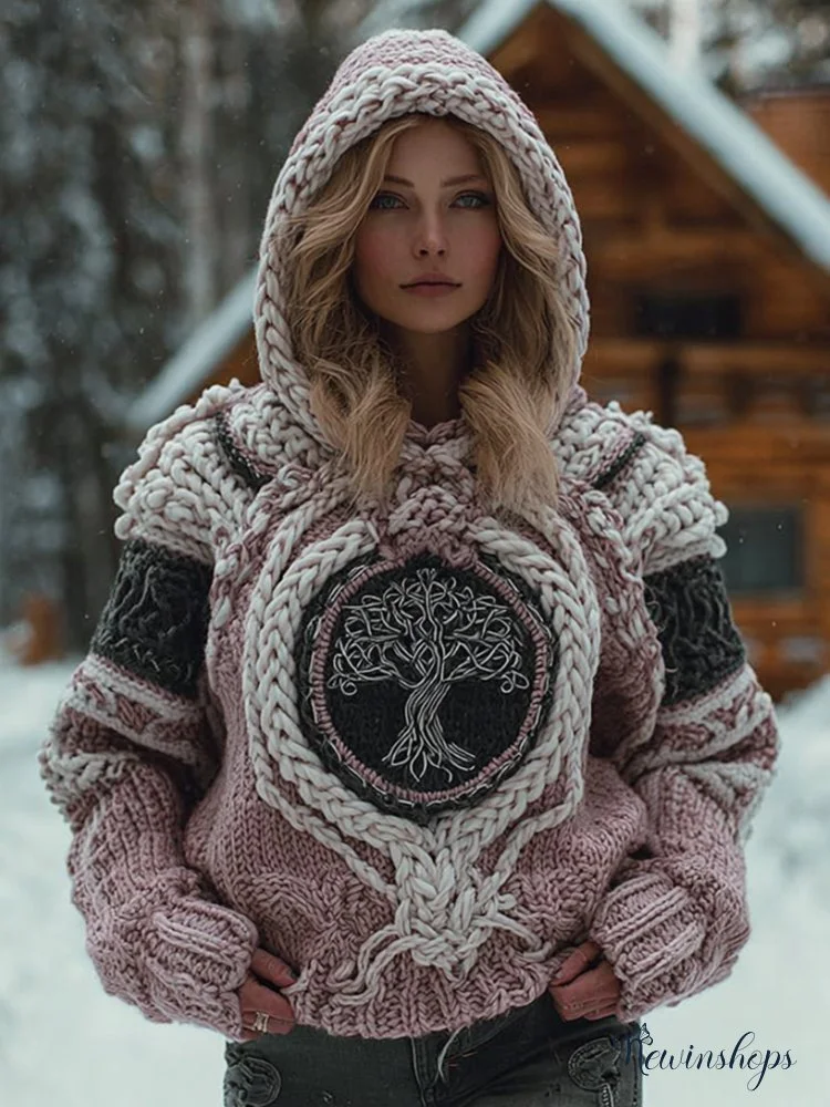 Women's Viking Style Tree Of Life Celtic Knot Contrasting Thick Hooded Sweater