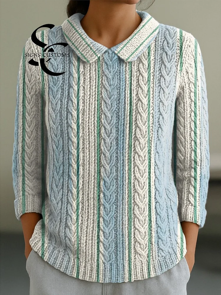 Women's Line Pattern Casual Peter Pan Collar 3/4 Sleeve Sweater