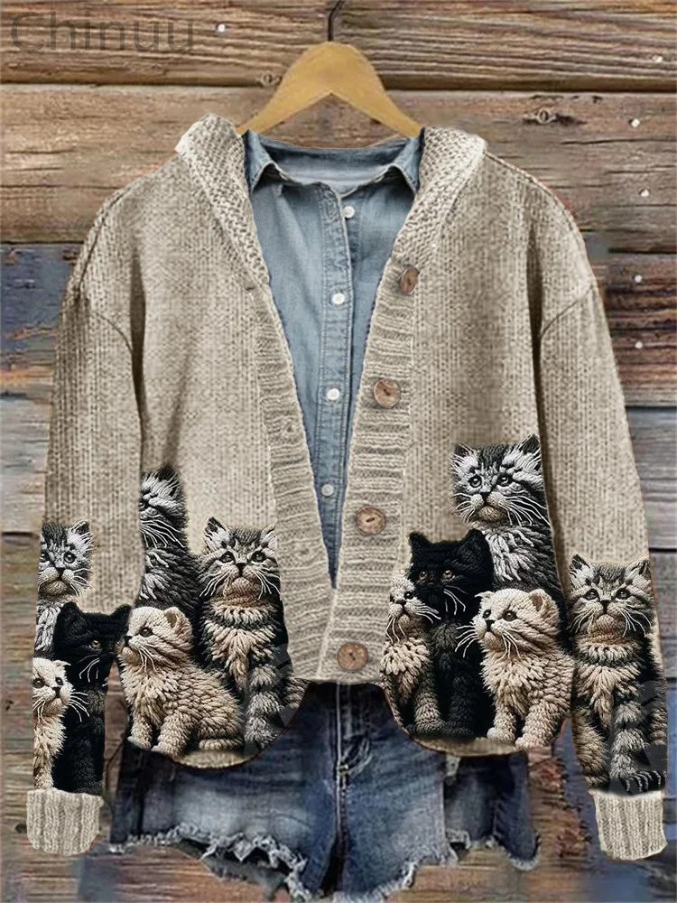 Fuzzy Cats Crochet Art Cozy Knit Hooded Cardigan