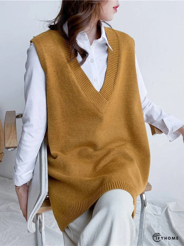 Trendy Sleeveless Split-Side Solid Color V-Neck Knitted Vest | IFYHOME