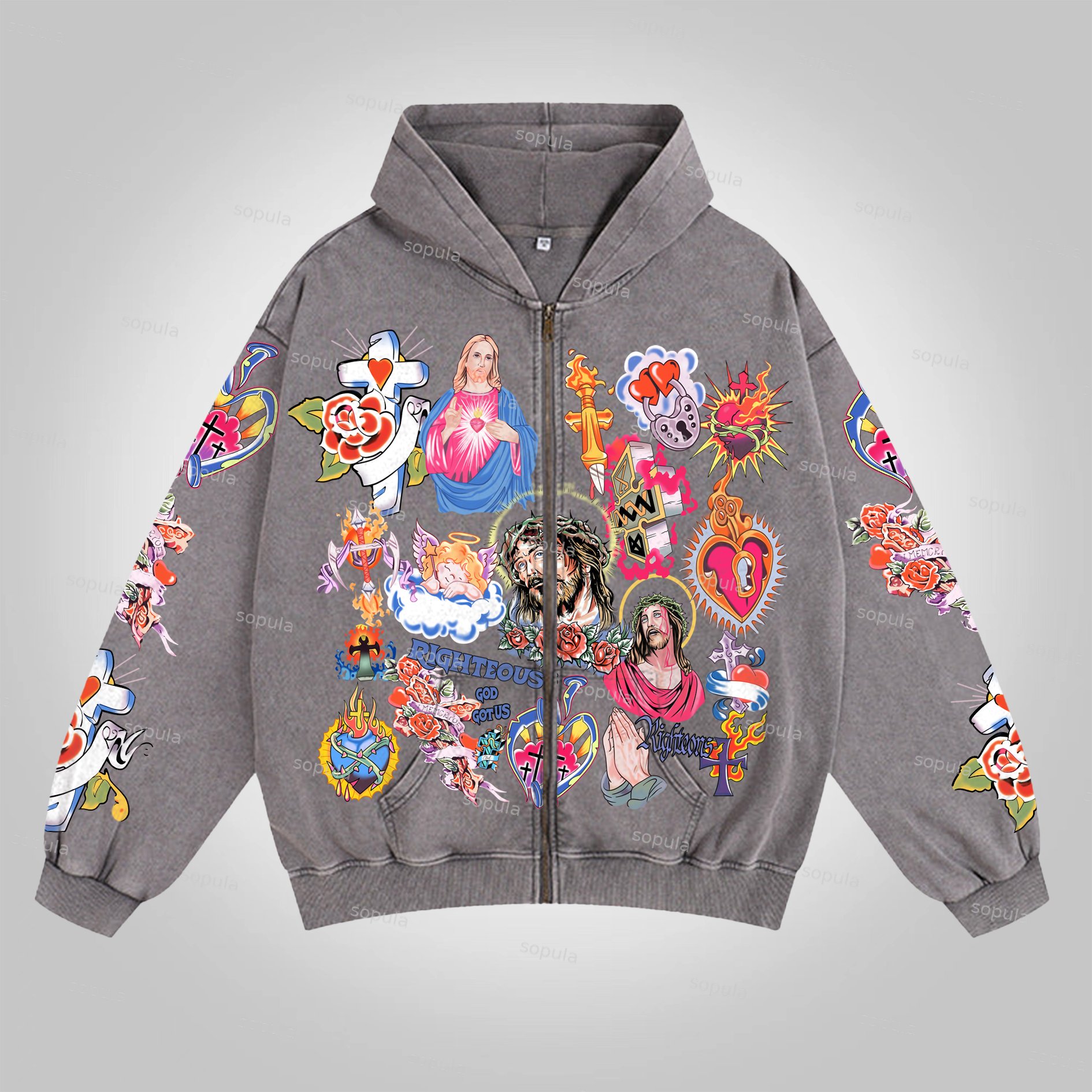Sopula Vintage Risen King Graphic Washed Zip-Up Hoodie