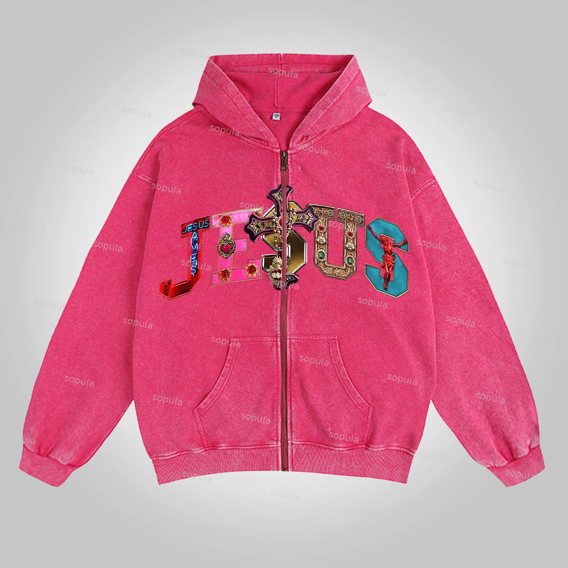 Sopula Vintage Jesus Words Print Acid Washed Oversized Zip-Up Hoodie - Sopula｜Premium Graphic Tees & Graphic Clothing