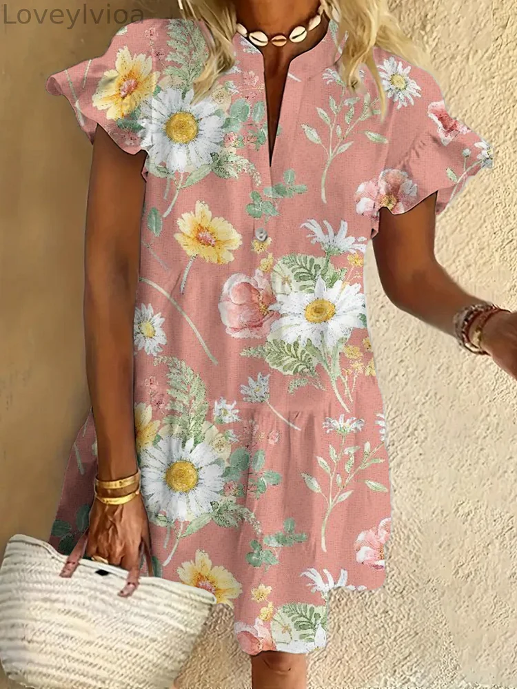 Floral Print Ruffled Short-sleeved V-neck Buttoned Dress Vacation Beach Dress