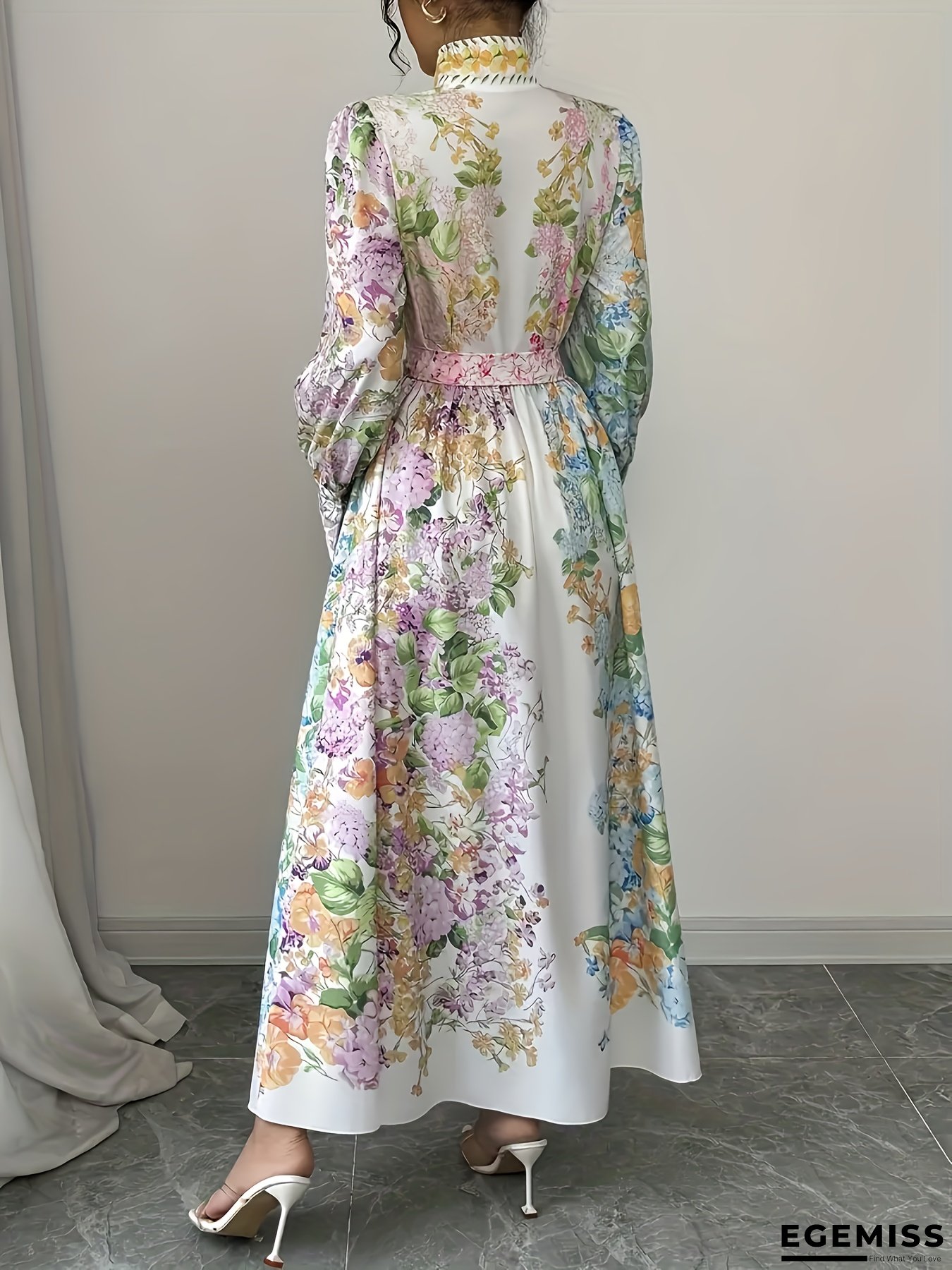 Plus Size, Women's Elegant French-Inspired Floral Print Dress With Stand-Up Collar, Belted Waist & Puff Sleeves - All-Season Machine Washable Non-Stretch Fabric For Vacation & Casual Outfits | EGEMISS