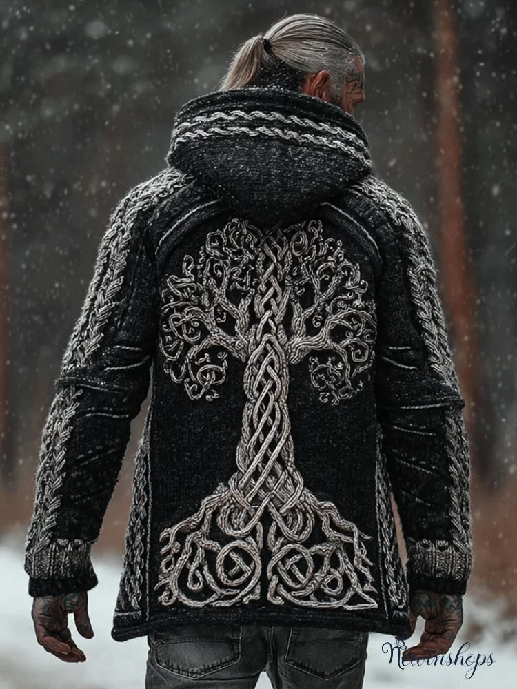 Men's Viking Style Tree Of Life Black Thick Needle Cardigan Sweater